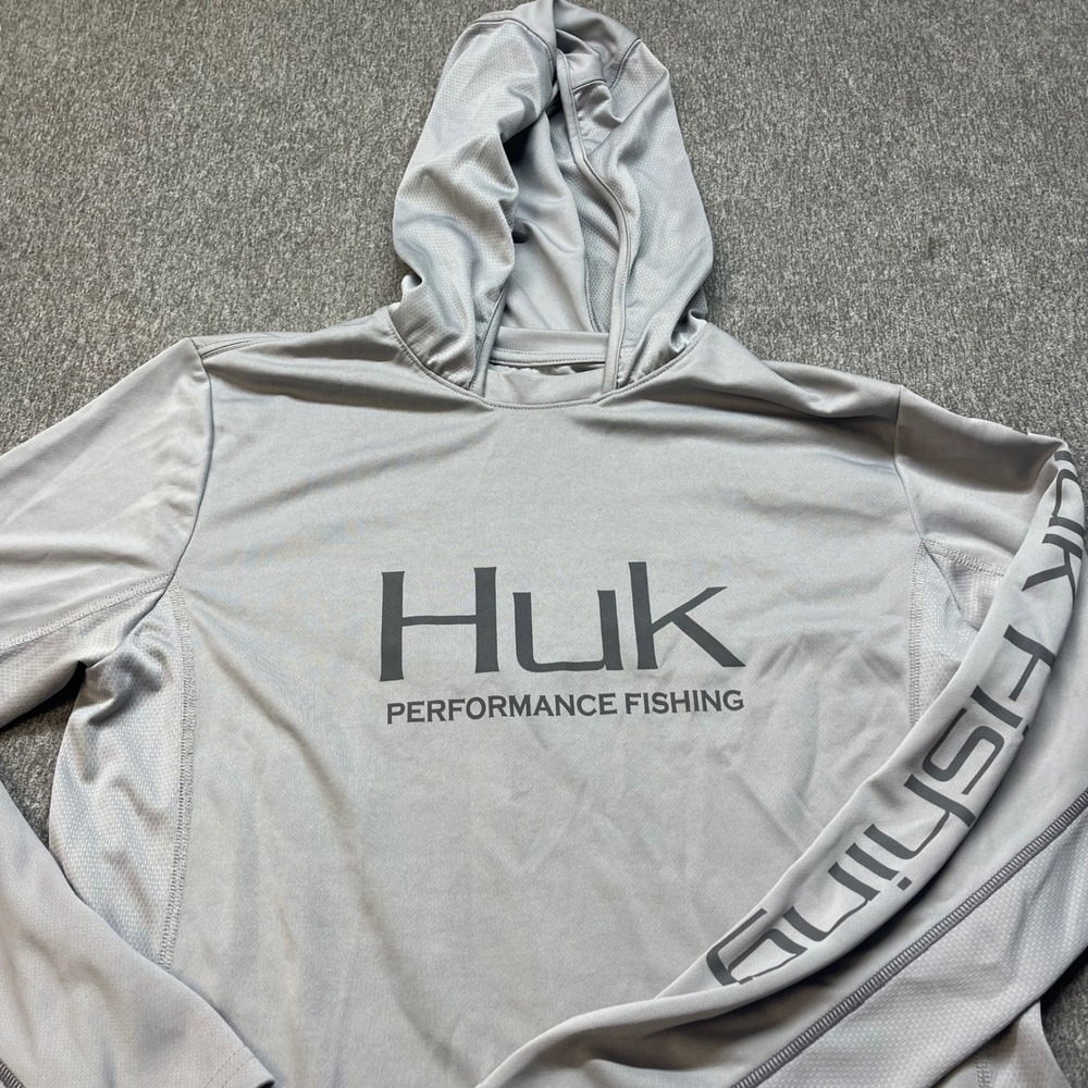 Huk Performance Fishing Hoodie Mens Small Gray Long Sleeve Sun Shirt Logo Mesh
